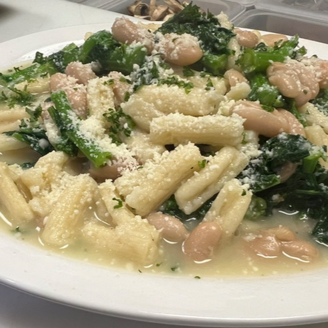 Cavatelli with Cannellini Beans and Baby Spinach in a Garlic Sauce.